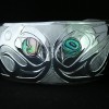 Photo of Hand Carved Sterling Silver Lovebirds Bracelet D3# with Abalone Inlaid Eyes by Owen Walker